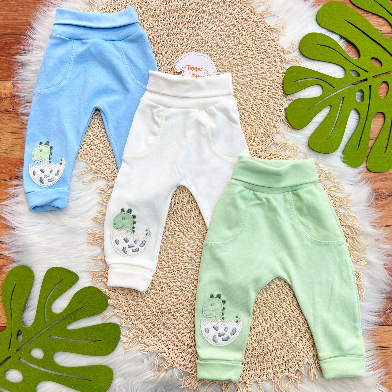 Kit 3 Calças - Dino Baby - Azul Bebê, Off White e Verde